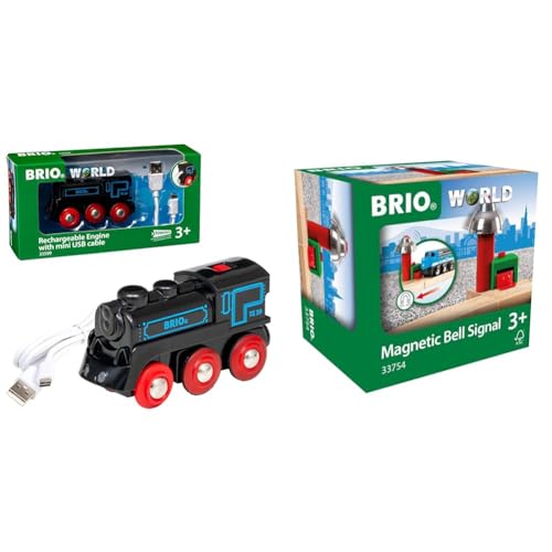 BRIO 33599 - Akku Lok mit Mini USB, bunt & World 33754 - Magnetisches Glockensignal – Eisenbahnzubehör Holzeisenbahn – Kleinkinderspielzeug empfohlen für Kinder ab 3 Jahren von BRIO