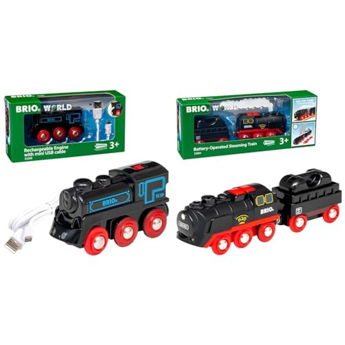 BRIO 33599 - Akku Lok mit Mini USB, bunt & World 33884 Batterie-Dampflok mit Wassertank - Lokomotive mit echtem kühlen Dampf und Wasserbehälter zum Nachfüllen - Empfohlen ab 3 Jahren von BRIO