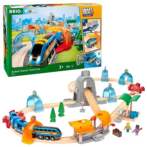 BRIO World 33972 Smart Tech Sound Action Tunnel Reisezug Set - Elektrischer Zug mit Schienen & Tunnel - Interaktives Spielzeug empfohlen ab 3 Jahren von BRIO