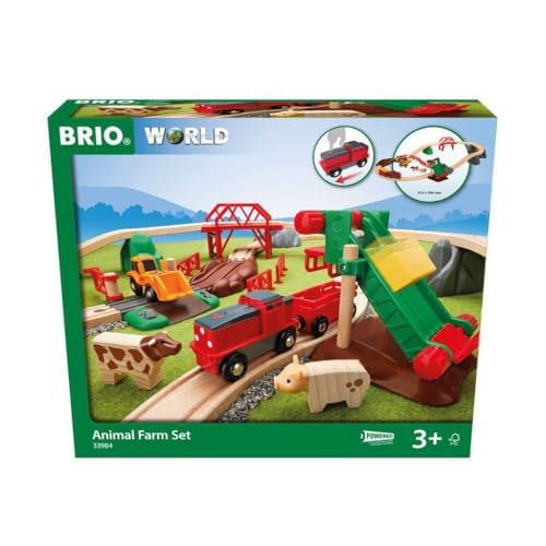 BRIO 33984 - Bauernhof Set - Holzeisenbahn mit Bauernhof, Tieren und Holzschienen - Kleinkinderspielzeug empfohlen ab 3 Jahren & Bahn 33402 - Mittleres Schienensortiment von BRIO