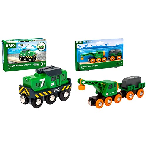 BRIO Bahn 33214 - Batterie-Frachtlok & Bahn 33698 - Grüner Kranwagen mit Anhänger und Fracht BRIO Bahn 33214 - Batterie-Frachtlok & Bahn 33698 - Grüner Kranwagen mit Anhänger und Fracht von BRIO