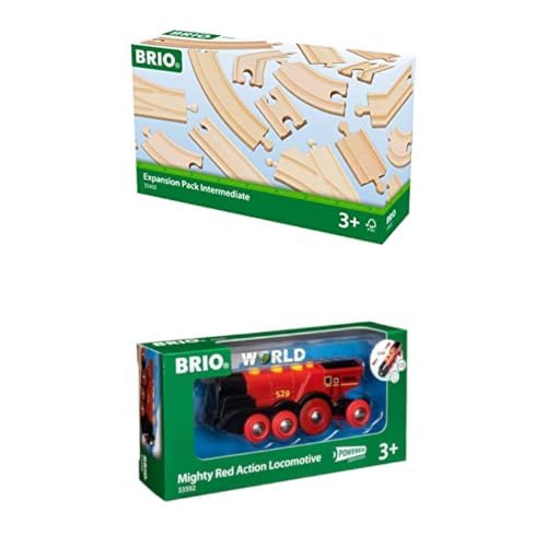 BRIO Bahn 33402 - Mittleres Schienensortiment & World 33592 Rote Lola elektrische Lok – Batterie-Lokomotive mit Licht & Sound – Kleinkinderspielzeug empfohlen ab 3 Jahren von BRIO