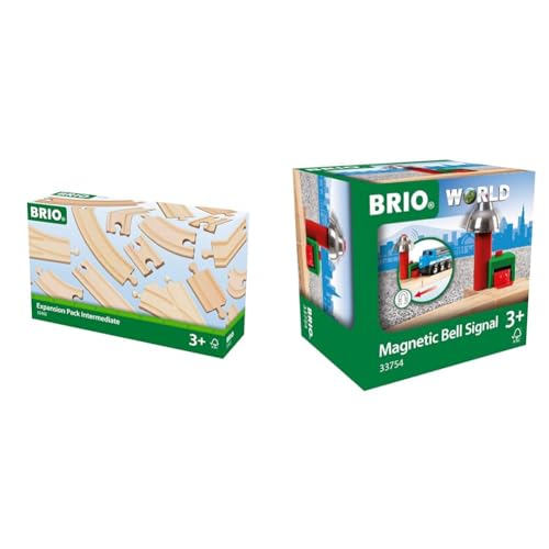 BRIO Bahn 33402 - Mittleres Schienensortiment & World 33754 Magnetisches Glockensignal – Eisenbahnzubehör Holzeisenbahn – Kleinkinderspielzeug empfohlen für Kinder ab 3 Jahren von BRIO