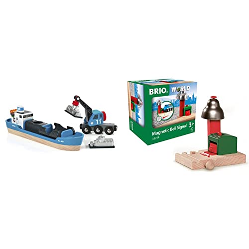 BRIO Bahn 33534 - Containerschiff mit Kranwagen & World 33754 Magnetisches Glockensignal - Eisenbahnzubehör Holzeisenbahn - Kleinkinderspielzeug empfohlen für Kinder ab 3 Jahren von BRIO