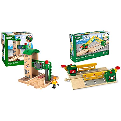BRIO - Bahn 33674 - Signal Station & 33750 - Magnetische Kreuzung (Holz, 45 mm, Spielzeugbahn, Mehrfarbig, G, 3+, Unisex, 52 L x 194 H x 126 W (cm)) von BRIO