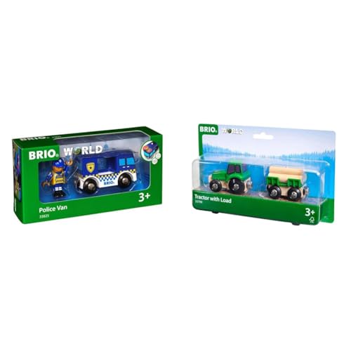 BRIO Bahn 33825 - Polizeiwagen mit Licht und Sound & Bahn 33799 - Traktor mit Holz-Anhänger von BRIO