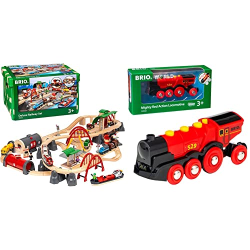 BRIO World 33052 Straßen & Schienen Bahn Set Deluxe – Straßen & Schienen Eisenbahn & World 33592 Rote Lola elektrische Lok – Batterie-Lokomotive mit Licht & Sound von BRIO