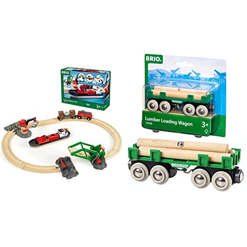 BRIO World 33061 Container Hafen Set - Mit Hafenbrücke und beweglichem Kran zum Beladen des Frachtschiffes - Geeignet für Kinder ab 3 Jahren & 63369600 Bahn 33696 - Langholzwagen von BRIO