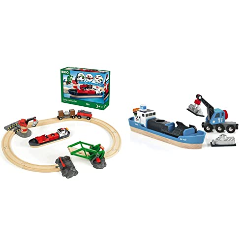 BRIO World 33061 Container Hafen Set - Mit Hafenbrücke und beweglichem Kran zum Beladen des Frachtschiffes - Geeignet für Kinder ab 3 Jahren & Bahn 33534 - Containerschiff mit Kranwagen von BRIO