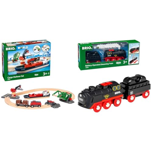 BRIO World 33061 Container Hafen Set -ab 3 Jahren & World 33884 Batterie-Dampflok mit Wassertank - Lokomotive mit echtem kühlen Dampf und Wasserbehälter zum Nachfüllen - Empfohlen ab 3 Jahren von BRIO