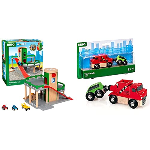 BRIO World 33204 Parkhaus, Straßen & Schienen – Eisenbahnzubehör Holzeisenbahn – Empfohlen für Kinder ab 3 Jahren & Bahn 33528 - Abschleppwagen mit Auto von BRIO