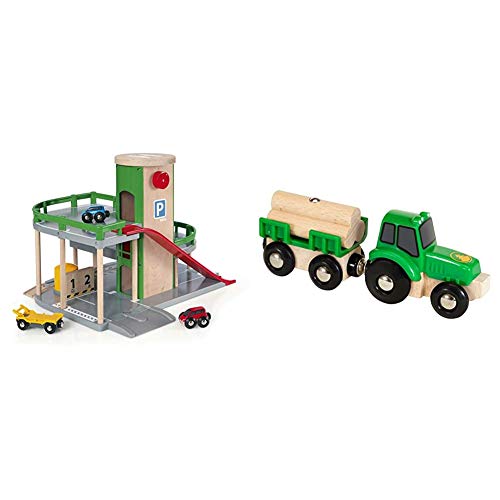 BRIO World 33204 Parkhaus, Straßen & Schienen – Eisenbahnzubehör Holzeisenbahn – Empfohlen für Kinder ab 3 Jahren & Bahn 33799 - Traktor mit Holz-Anhänger von BRIO