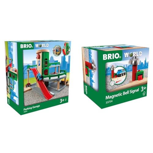 BRIO World 33204 - Parkhaus, Straßen & Schienen & World 33754 - Magnetisches Glockensignal – Eisenbahnzubehör Holzeisenbahn – Kleinkinderspielzeug empfohlen für Kinder ab 3 Jahren von BRIO