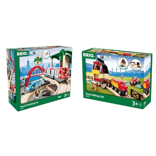 BRIO World 33512 Großes Bahn Reisezug Set – Eisenbahn mit Bahnhof, Schienen und Figuren & Bahn Bauernhof Set – Holzeisenbahn mit Bauernhof, Tieren und Holzschienen – empfohlen ab 3 Jahren von BRIO