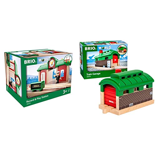BRIO World Sprechender Bahnhof und Lokschuppen - Eisenbahn Zubehör mit Aufnahmefunktion und Rolltor - Kleinkinderspielzeug von BRIO