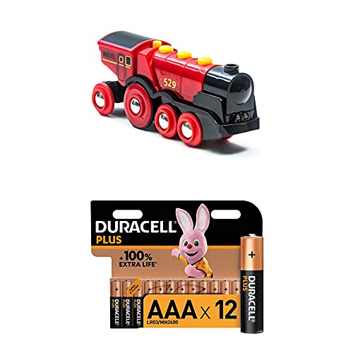 BRIO World 33592 Rote Lola elektrische Lok – Batterie-Lokomotive mit Licht & Sound – Kleinkinderspielzeug empfohlen ab 3 Jahren + Duracell Plus AAA Alkaline-Batterien, 12er Pack von Brio