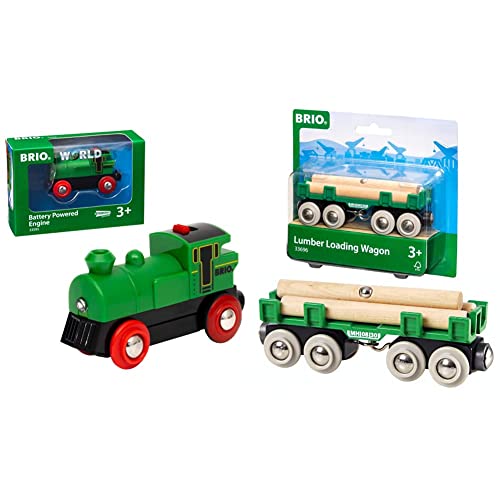 BRIO World 33595 Speedy Green Batterielok - Inklusive Scheinwerfer, kann vorwärts und rückwärts Fahren - Geeignet für Kinder ab 3 Jahren & Bahn 33696 - Langholzwagen von BRIO