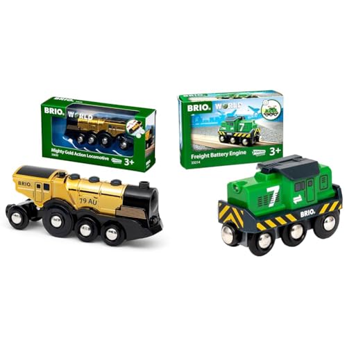 BRIO World 33630 - Goldene Batterielok mit Licht und Sound & World 33214 Batterie-Frachtlok - Grüne Batterie-Lok mit Frontscheinwerfern von BRIO