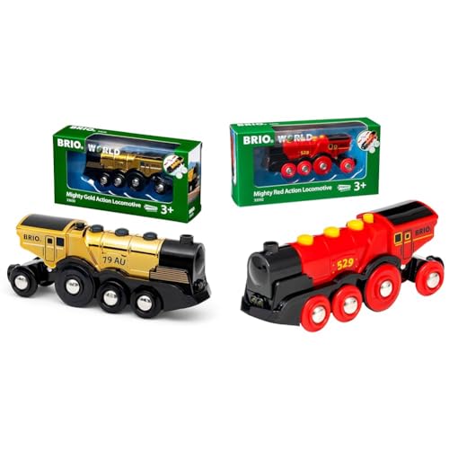 BRIO World 33630 - Goldene Batterielok mit Licht und Sound & World 33592 Rote Lola elektrische Lok - Batterie-Lokomotive mit Licht & Sound von BRIO