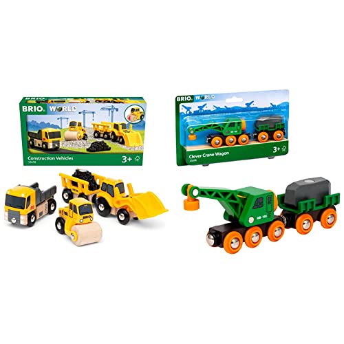 BRIO World 33658 Baustellenfahrzeuge - Ergänzung Holzeisenbahn - Empfohlen ab 3 Jahren & Bahn 33698 - Grüner Kranwagen mit Anhänger und Fracht,White BRIO World 33658 Baustellenfahrzeuge - Ergänzung Holzeisenbahn - Empfohlen ab 3 Jahren & Bahn 33698 - Grüner Kranwagen mit Anhänger und Fracht,White von BRIO