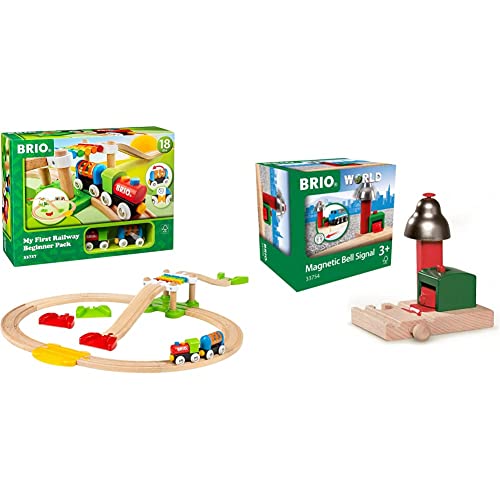 BRIO World 33727 Mein erstes Bahn Spiel Set - Zug mit Waggon, Schienen & Hängebrücke & World 33754 Magnetisches Glockensignal – Eisenbahnzubehör für die BRIO Holzeisenbahn – Multi-Colour BRIO World 33727 Mein erstes Bahn Spiel Set - Zug mit Waggon, Schienen & Hängebrücke & World 33754 Magnetisches Glockensignal – Eisenbahnzubehör für die BRIO Holzeisenbahn – Multi-Colour von BRIO