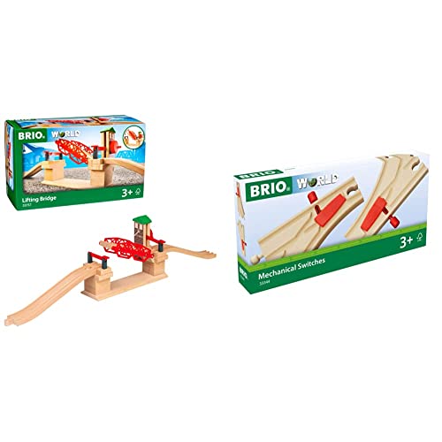 BRIO World 33757 Hebebrücke - Eisenbahnzubehör Holzeisenbahn - Kleinkinderspielzeug empfohlen für Kinder ab 3 Jahren & Bahn 33344 - Mech. Weichenpaar (L1/M1) von BRIO