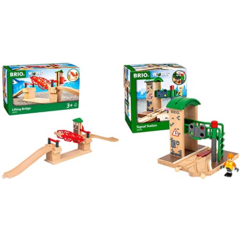 BRIO World 33757 Hebebrücke – Eisenbahnzubehör Holzeisenbahn – Kleinkinderspielzeug empfohlen für Kinder ab 3 Jahren & Bahn 33674 - Signal Station von BRIO