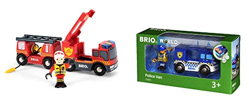BRIO World 33811 - Feuerwehr Leiterfahrzeug mit Licht und Sound, bunt & World 33825 - Polizeiwagen mit Licht und Sound von BRIO