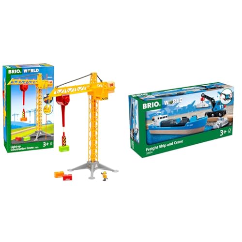 BRIO World 33835 Großer Baukran mit Licht - Zubehör für die BRIO Holzeisenbahn - Empfohlen für Kinder ab 3 Jahren & 33534 - Containerschiff mit Kranwagen von BRIO