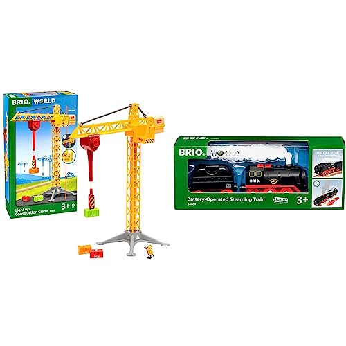 BRIO World 33835 Großer Baukran mit Licht & World 33884 Batterie-Dampflok mit Wassertank - Lokomotive mit echtem kühlen Dampf und Wasserbehälter zum Nachfüllen - Empfohlen ab 3 Jahren von BRIO