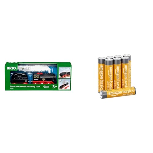 BRIO World 33884 Batterie-Dampflok mit Wassertank - Lokomotive mit echtem kühlen Dampf und Wasserbehälter - ab 3 Jahren & Amazon Basics AAA-Alkalibatterien, leistungsstark, 1,5 V, 8 Stück von Brio World
