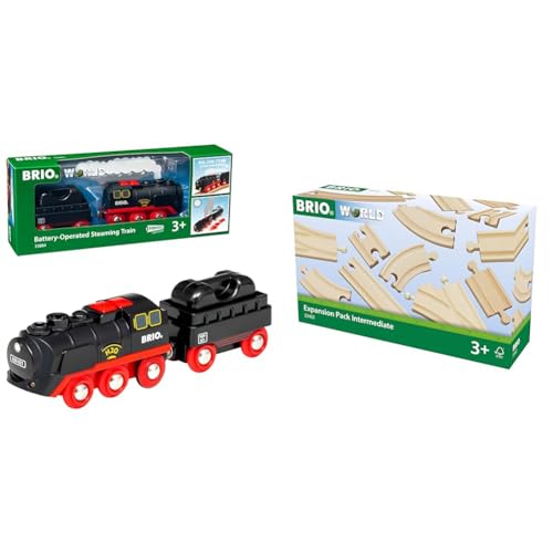 BRIO World 33884 Batterie-Dampflok mit Wassertank - Lokomotive mit echtem kühlen Dampf und Wasserbehälter zum Nachfüllen - Empfohlen ab 3 Jahren & Bahn 33402 - Mittleres Schienensortiment Mehrfarbig von BRIO