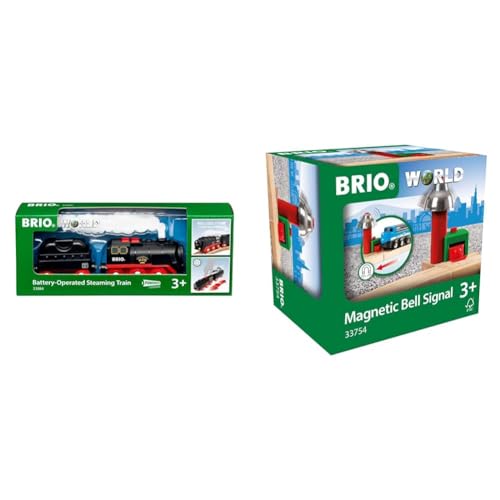 BRIO World 33884 Batterie-Dampflok mit Wassertank & World 33754 Magnetisches Glockensignal - Eisenbahnzubehör Holzeisenbahn - Kleinkinderspielzeug empfohlen für Kinder ab 3 Jahren von BRIO