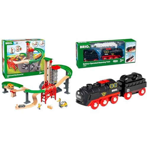 BRIO World 33887 Großes Lagerhaus-Set mit Aufzug - ab 3 Jahren & World 33884 Batterie-Dampflok mit Wassertank - Lokomotive mit echtem kühlen Dampf und Wasserbehälter zum Nachfüllen von BRIO