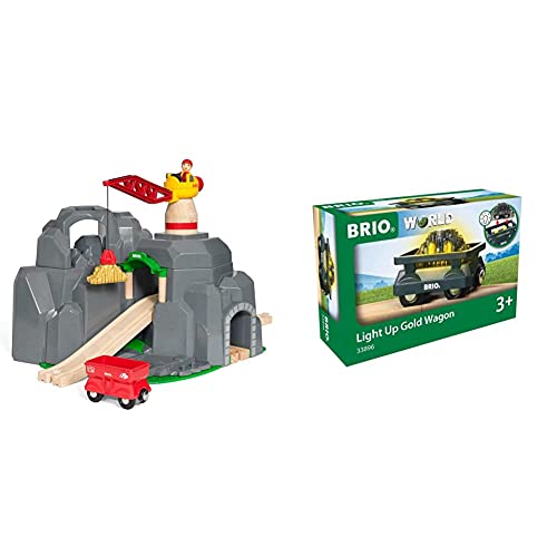 BRIO World 33889 Große Goldmine mit Sound-Tunnel – Zubehör Holzeisenbahn – Kleinkinderspielzeug empfohlen für Kinder ab 3 Jahren & Bahn 33896 - Goldwaggon mit Licht von BRIO