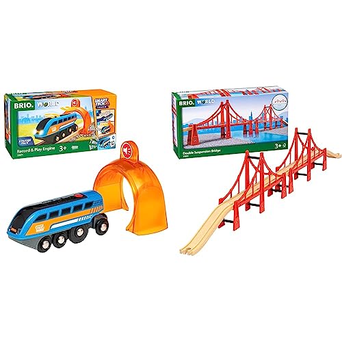 BRIO World 33971 Smart Tech Sound Lok mit Aufnahmefunktion Elektrischer Zug & World 33683 - Hängebrücke - Eisenbahnzubehör Holzeisenbahn von BRIO