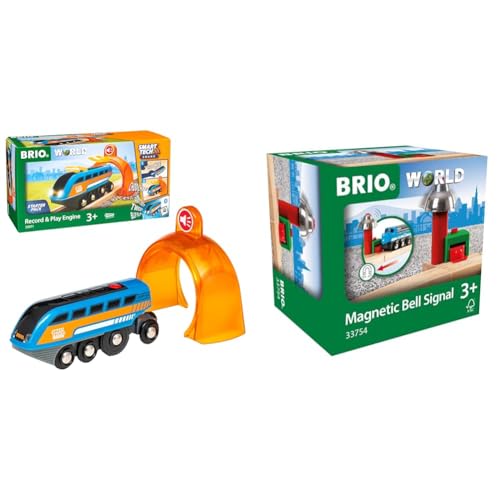 BRIO World 33971 Smart Tech Sound Lok mit Aufnahmefunktion Elektrischer Zug & World 33754 - Magnetisches Glockensignal – Eisenbahnzubehör Holzeisenbahn von BRIO