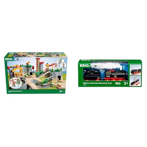 BRIO World 36010 Gebirgs-Frachten Set Deluxe - Eisenbahn-Spaß auf Mehreren Ebenen & World 33884 Batterie-Dampflok mit Wassertank von BRIO