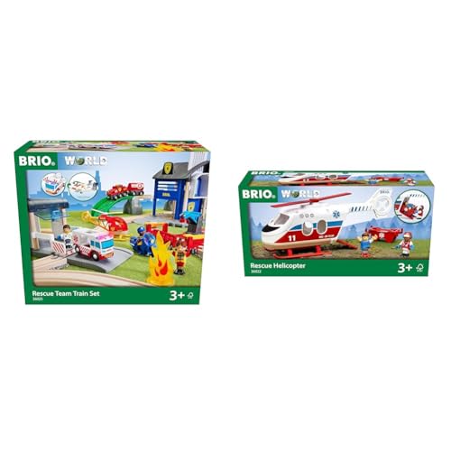 BRIO World 36025 Polizei und Feuerwehr Set Deluxe & 36022 - Rettungshubschrauber - Empfohlen für Kinder ab 3 Jahren von BRIO