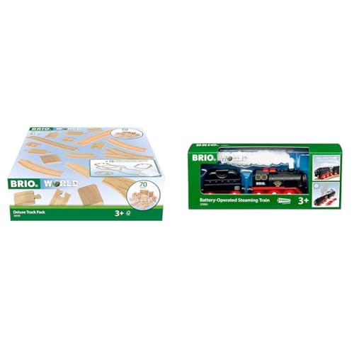 BRIO World 36030 Schienensortiment Deluxe - 70-teiliges Set mit Schienen & World 33884 Batterie-Dampflok mit Wassertank von BRIO