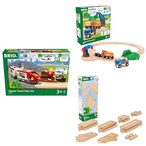 BRIO World Bundle – Reisezug Starter Set A (36079), Güterzug mit Kran A (36028) & Schienen Starter Sortiment B (36099) – Holzspielzeug für Kinder ab 3 Jahren – kombinierbar & erweiterbar von BRIO