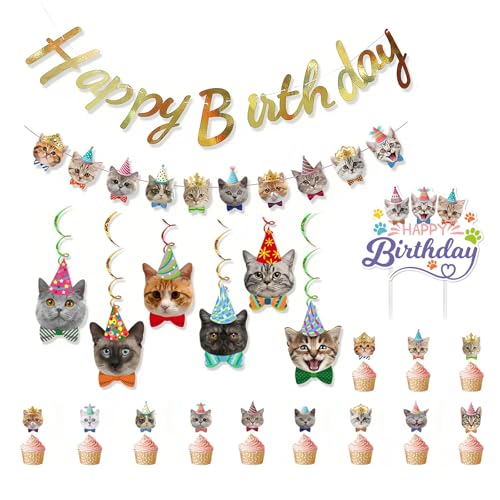 BRITIVIVE Katzen Deko Geburtstagstorte 21 Stück Katzenthema Geburtstagsbanner Katze Happy Birthday Tortendeko Katzen Cake Topper Geburtstag für Haustier Kinder von BRITIVIVE