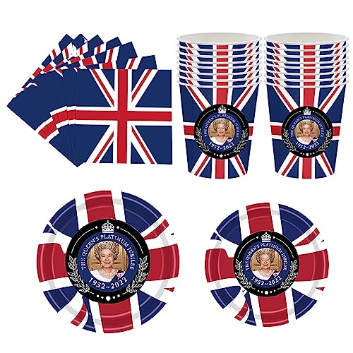 BROJAQ Party-Set mit britischer Flagge, Partyzubehör mit britischer Flagge,114-teiliges Serviettenbecher-Geschirrset | Union Jack-Tischdecke mit Pull-Flagge, England-Flagge, von BROJAQ