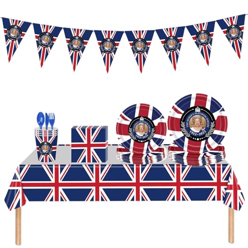 BROJAQ Union Jack Partyzubehör, Partyset mit britischer Flagge | 114-teiliges Union Jack-Geschirrset - Partydekorationen, Serviettenbecher-Set, England-Flagge, Geburtstagsdekoration, Ziehflagge für von BROJAQ