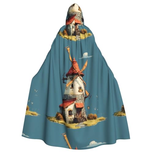 BROLEO Ein kleines Haus mit Windmühlen-Aufdruck, Halloween-Umhang mit Kapuze, kein Reißverschluss, bequem für Kostümpartys von BROLEO