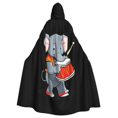 BROLEO Elefant spielt Trommeln Druck Halloween Erwachsene Kapuzenumhang Herren und Damen Kleidung Mantle Rollenspiel von BROLEO