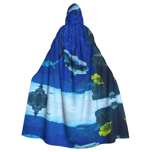 BROLEO Hai jagt kleine Fische Druck Halloween Erwachsene Kapuzenumhang für Kostümpartys und Themenveranstaltungen von BROLEO