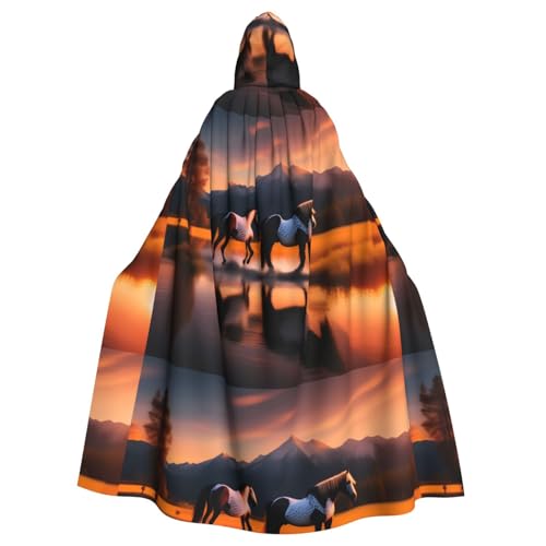 BROLEO Kapuzenumhang mit Sonnenuntergängen, See, Pferde, bedruckt, Halloween, Erwachsene, ohne Reißverschluss, bequem für Kostümpartys von BROLEO