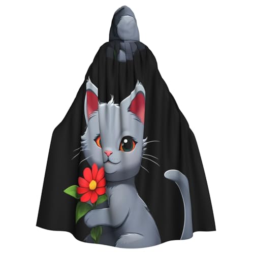 BROLEO Kleine graue Katze mit roten Blumendrucken, Halloween-Umhang mit Kapuze, kein Reißverschluss, bequem für Kostümpartys von BROLEO