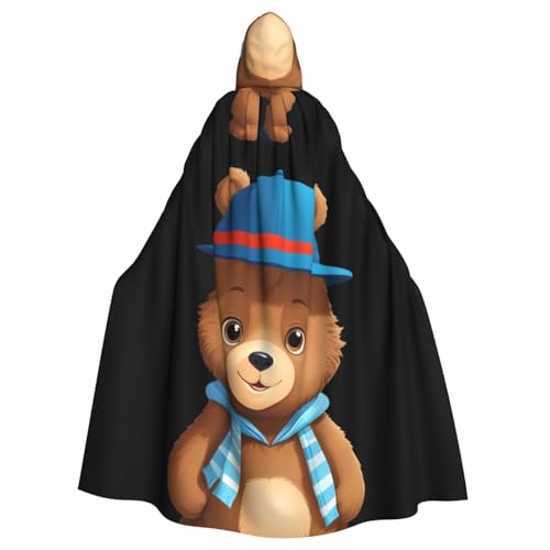 BROLEO Kleiner Bär, der einen Hut trägt, bedruckt, Halloween-Umhang mit Kapuze, Umhang für Erwachsene, ohne Reißverschluss, bequem für Kostümpartys von BROLEO